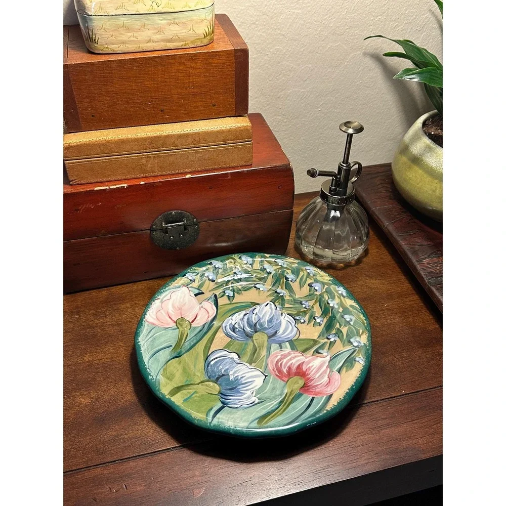 Vintage Lesal Ceramics Lisa Lindberg Hand-Painted Floral Plate Decorative Dish